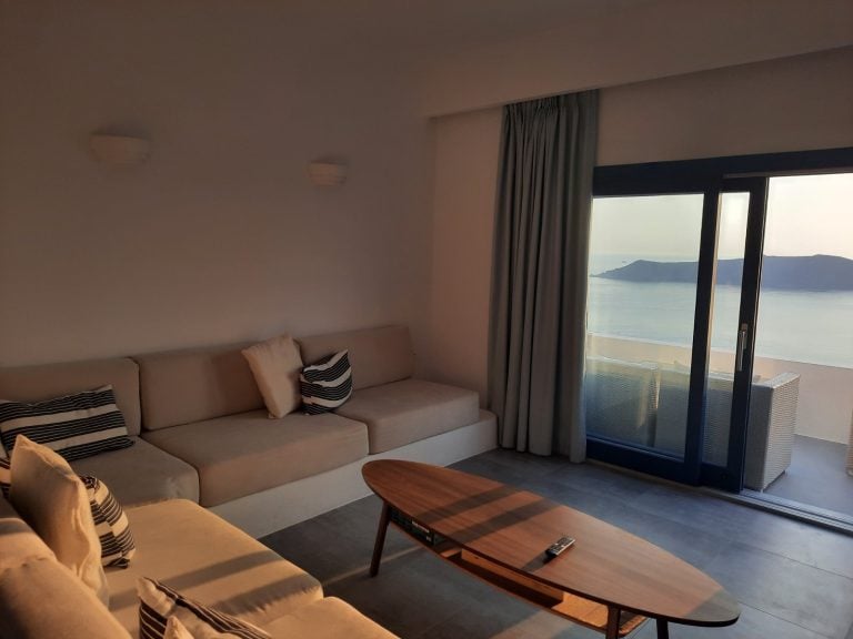 Warm living room in Santorini secret luxury villa
